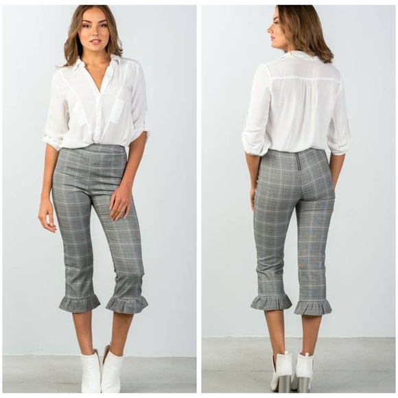 Luxe Label Pants - HEATHER PLAID HIGH WAIST RUFFLE CROP PANTS
